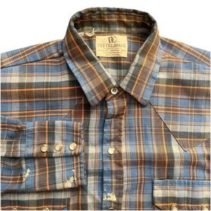VTG Dee Cee Brand Western Shirt Mens M Blue Plaid Pearl Snap 70s Workwear USA